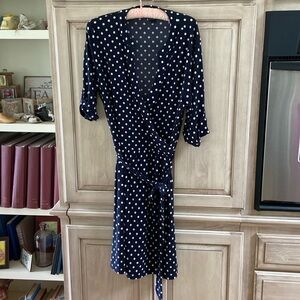 Tahari dress navy white polka dos sz L euc